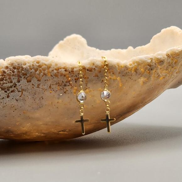 925 Sterling Silver Gold Cross Earrings | Stone Detail | Threader Chain Style - Picture 6 of 7